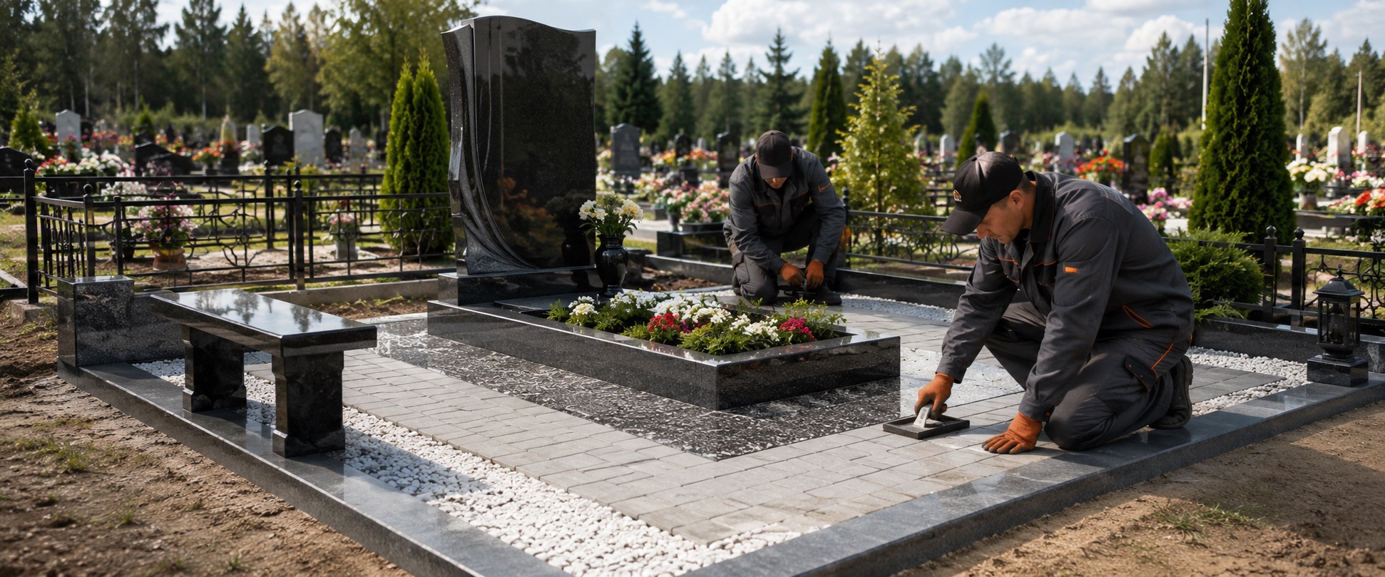 Благоустройство могилы — гранитная плитка, ограда, цветник